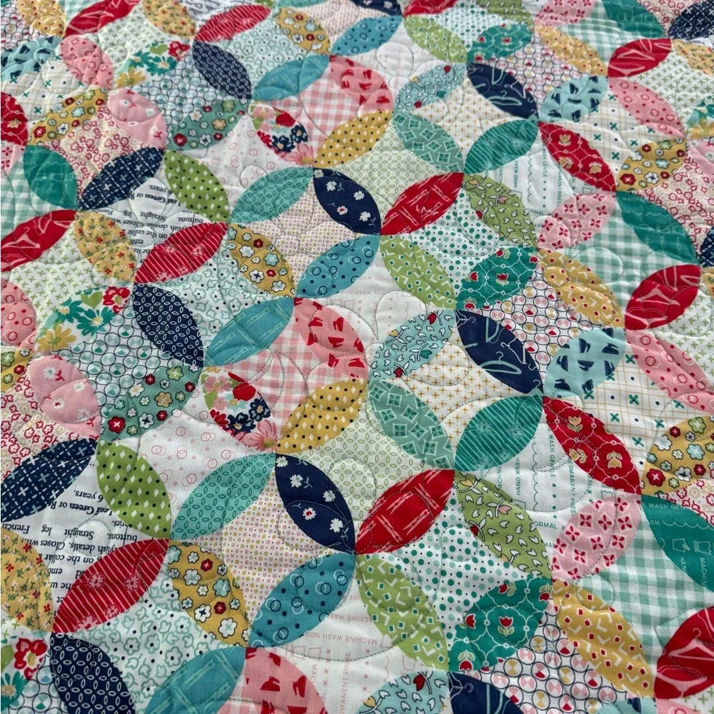 Homemade Aqua Blue Quilted Folk Art Quilt with Geometric Patterns - Picture 9 of 10
